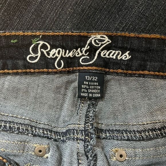 Request Jeans Dark Denim Flap Embellished Pockets Boot Cut Distressed Size 13/32 - Picture 6 of 6